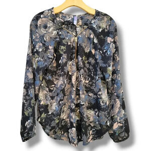 Xhilaration women's Long Sleeve black floral front zip blouse  - medium